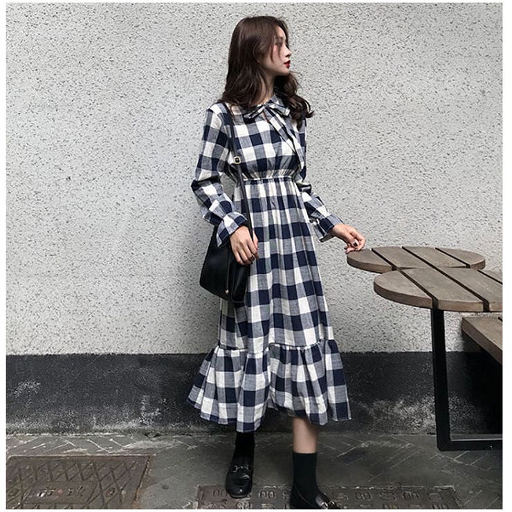 ブロックチェック ワンピース ロングワンピース[品番：VCTW0003296