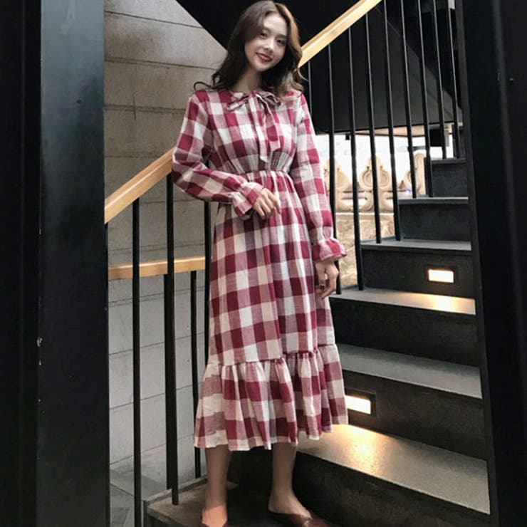 希少美品❇︎45R ブロックチェックワンピース ネイビー Vネック