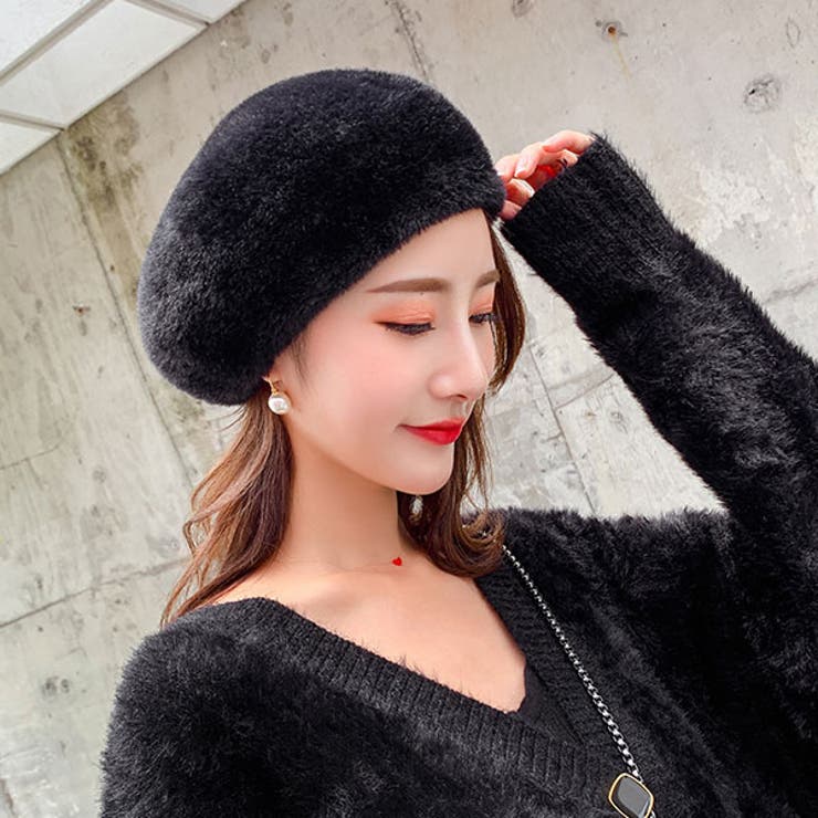 Dim Moire 黒 ファー ベレー帽 Dim Moire 黒 ファー ベレー帽