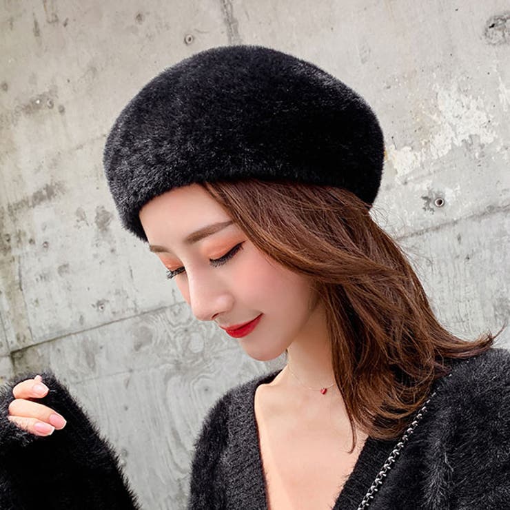 Dim Moire 黒 ファー ベレー帽 Dim Moire 黒 ファー ベレー帽