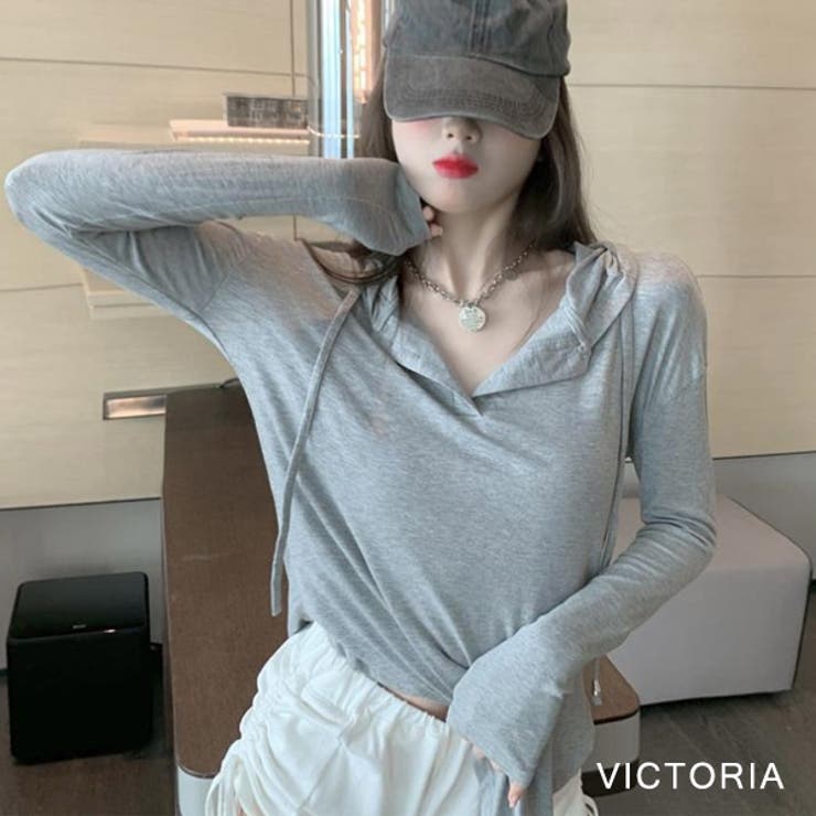 GRY | ヘンリーネック ロンT フード付き | VICTORIA