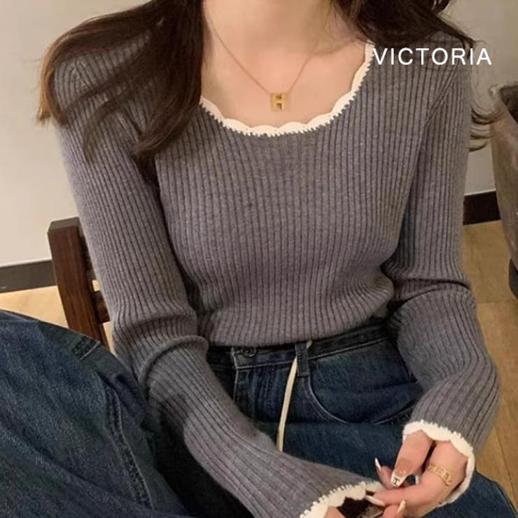 GRY | リブニット 長袖 バイカラー | VICTORIA