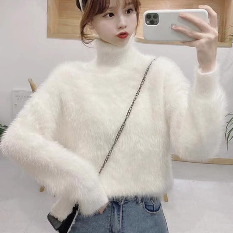 ハイネックニット モヘアタッチふんわり シャギーニット[品番