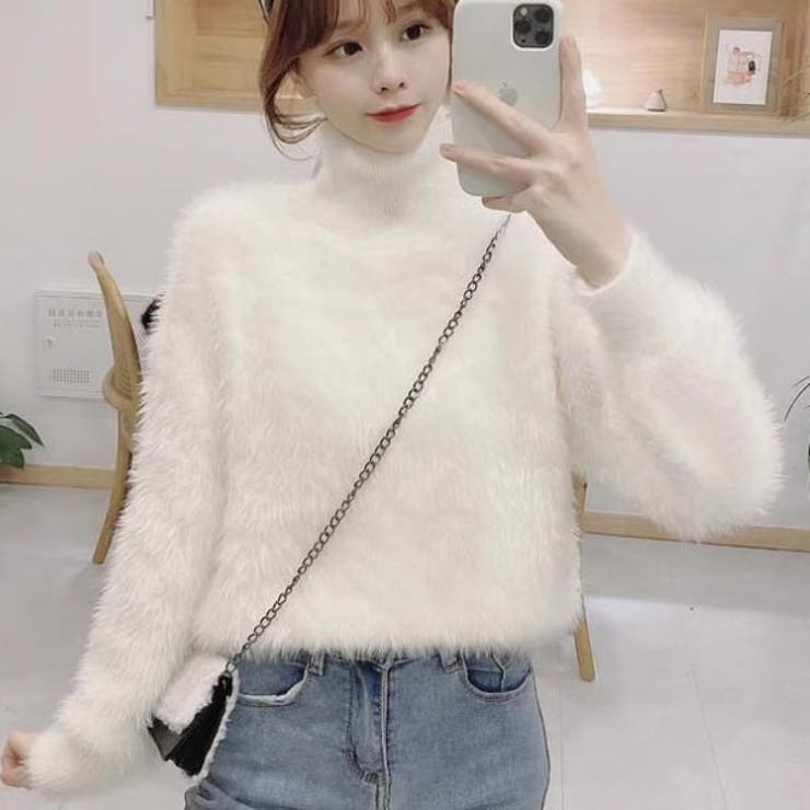 ハイネックニット モヘアタッチふんわり シャギーニット[品番