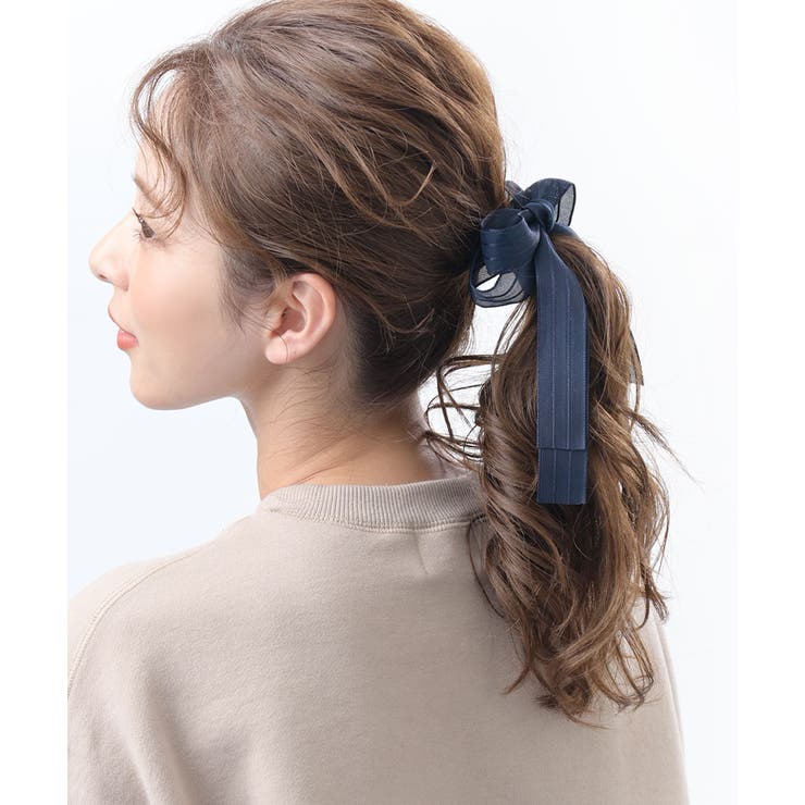 ストライプ柄ロングリボンポニーフック ヘアカフ ヘアフック