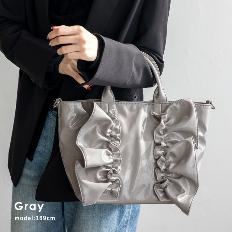 グレー | エナメル2wayフリルトートバッグ | Vita Felice