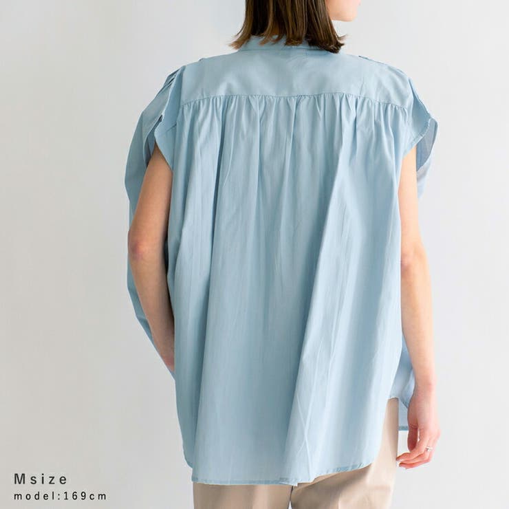 （L）ライトブルー | スタンドカラーフレンチスリーブブラウス | Vita Felice