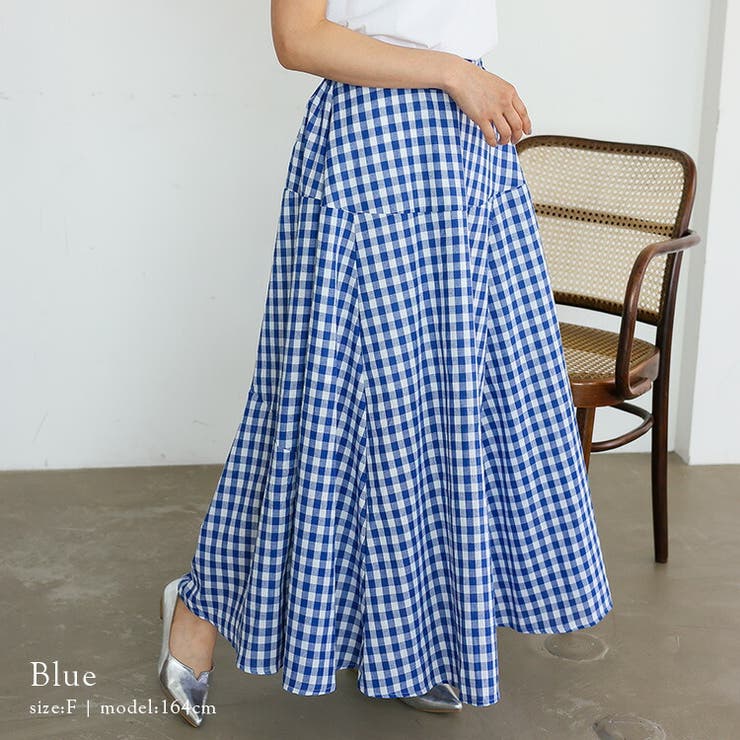 ブルー | ギンガムチェックフレアマキシスカート | Vita Felice