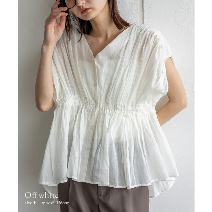 オフホワイト | シアーギャザーペプラムブラウス | Vita Felice