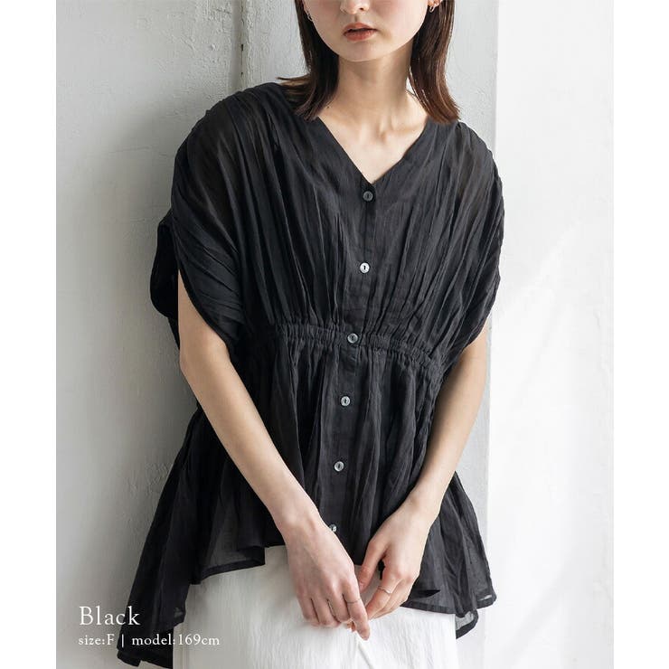 ブラック | シアーギャザーペプラムブラウス | Vita Felice