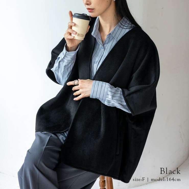 ブラック | 微起毛ノーカラーポンチョ | Vita Felice