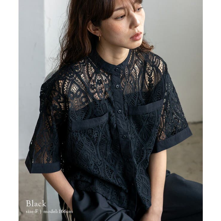 ブラック | レースシアー半袖ルーズシャツ | Vita Felice