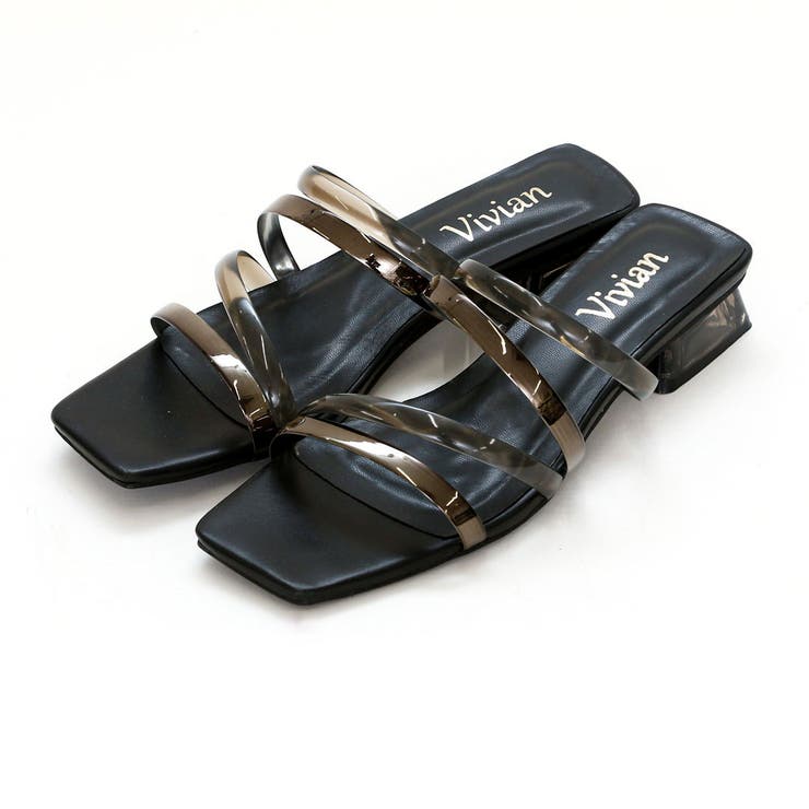 ブラックコンビ | スクエアトゥメニー華奢ストラップクリアヒールサンダル | VIVIAN COLLECTION