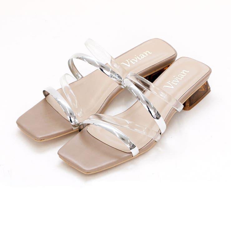 グレージュコンビ | スクエアトゥメニー華奢ストラップクリアヒールサンダル | VIVIAN COLLECTION