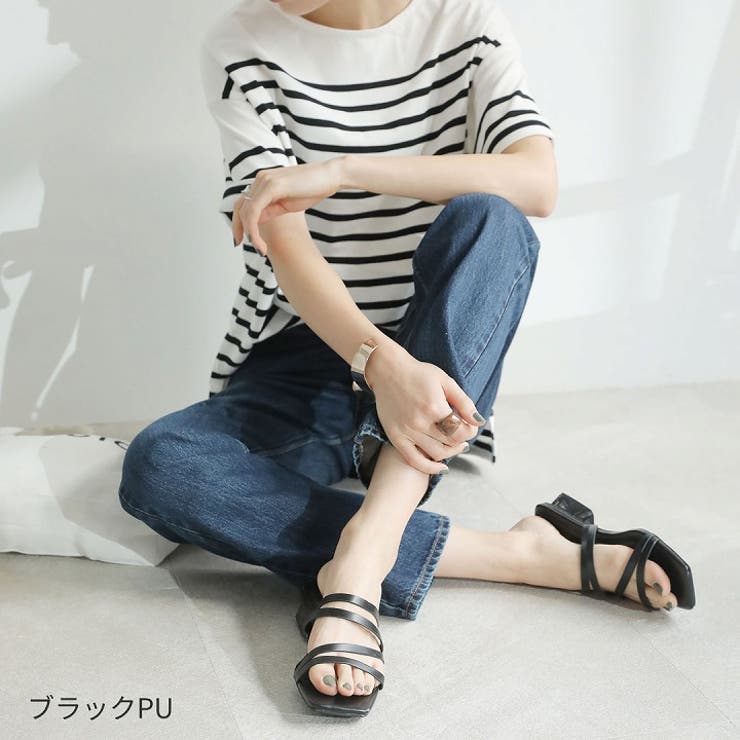 スクエアトゥメニー華奢ストラップクリアヒールサンダル[品番