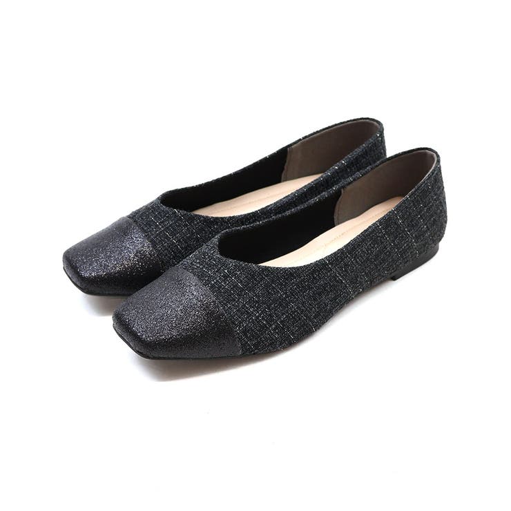 ブラックツイード | 異素材バイカラーフラットパンプス | VIVIAN COLLECTION