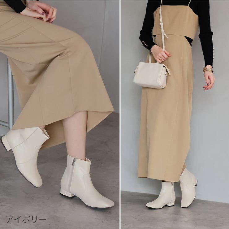 スクエアトゥシンプルローヒールショートブーツ[品番