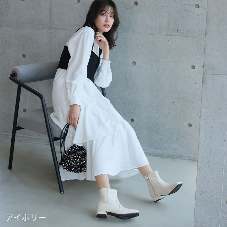 スクエアトゥシンプルローヒールショートブーツ[品番