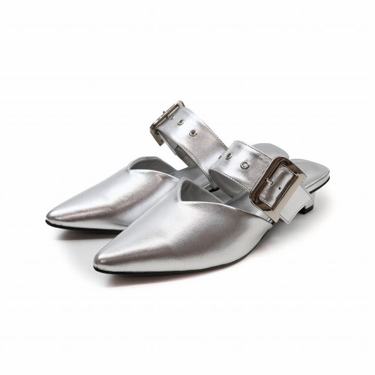 シルバー | ポインテッドトゥVカットバックルベルトミュールパンプス | VIVIAN COLLECTION