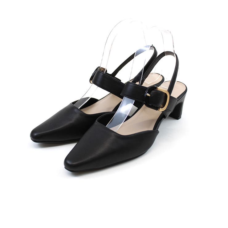 スリムスクエアトゥバックルベルトバックストラップパンプス[品番