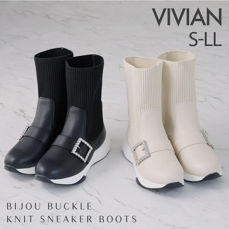 厚底ビジューバックルニットスニーカーブーツ[品番：VIVS0009956