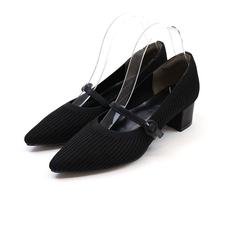 ブラック | 履きごこちやみつき感激 ポインテッドトゥメリージェーン4cmヒールニットパンプス | VIVIAN COLLECTION