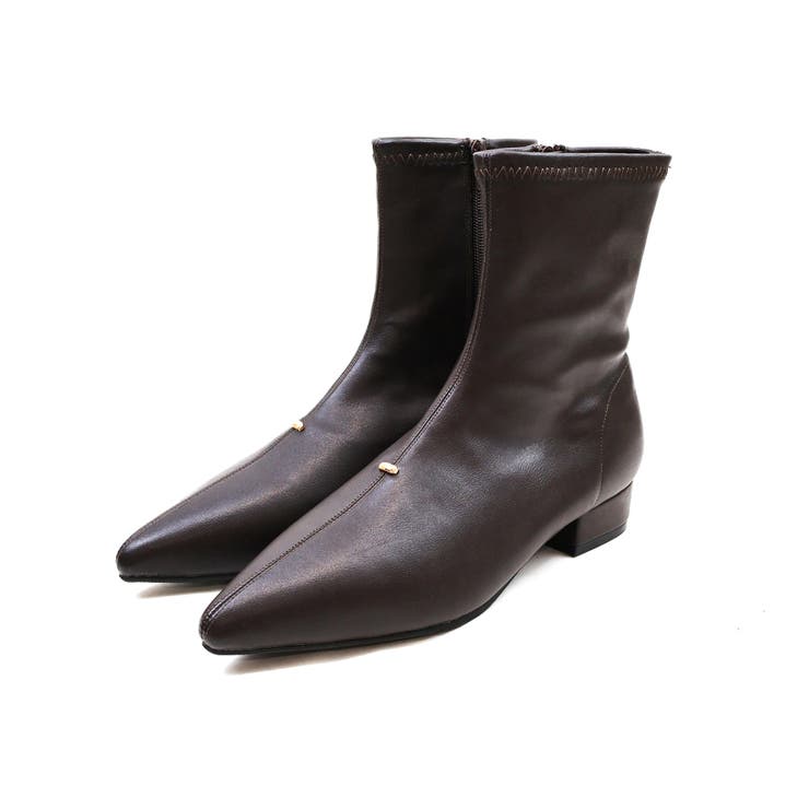 ダークブラウン | ポインテッドトゥゴールドアクセントストレッチショートブーツ | VIVIAN COLLECTION