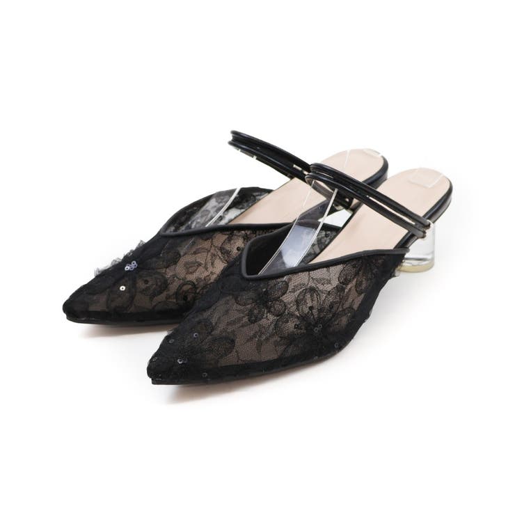 ブラック | シアーフラワーレース2WAYクリアヒールパンプス | VIVIAN COLLECTION