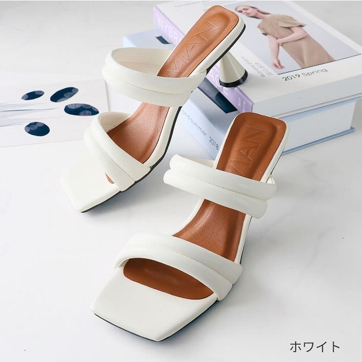 スクエアトゥパデッドダブルベルトミュールサンダル[品番