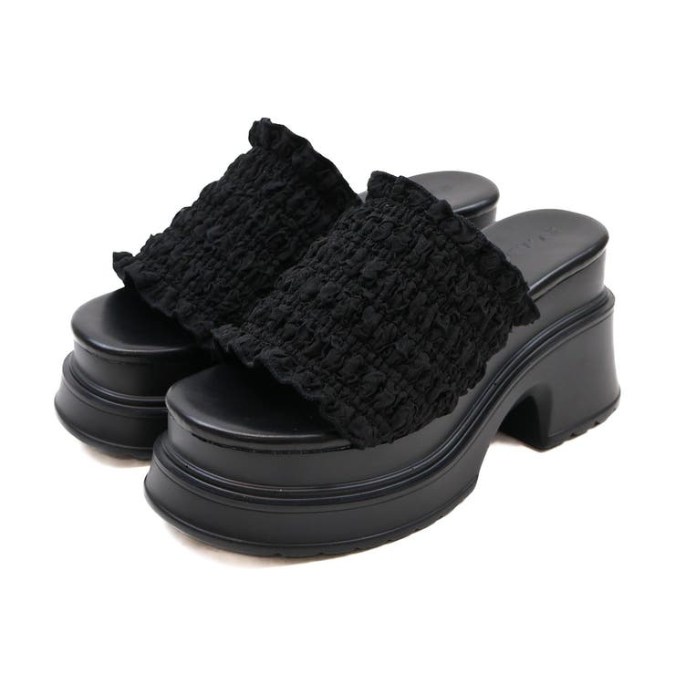 ブラック | フリルギャザー厚底プラットフォームミュールサンダル | VIVIAN COLLECTION