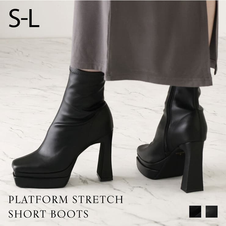 スクエアトゥ厚底プラットフォームストレッチショートブーツ | VIVIAN COLLECTION | 詳細画像1 