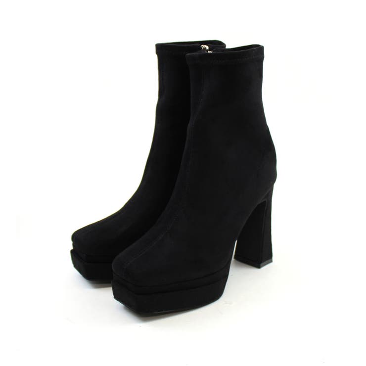 ブラックスエード | スクエアトゥ厚底プラットフォームストレッチショートブーツ | VIVIAN COLLECTION