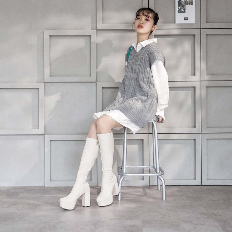 厚底プラットフォームストレッチロングブーツ[品番：VIVS0009668
