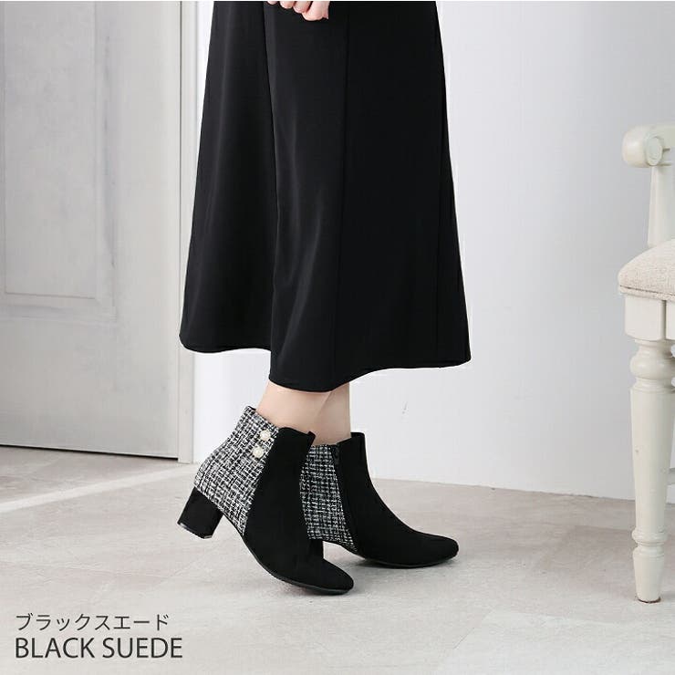 スクエアトゥパール飾りバイカラーショートブーツ[品番：VIVS0009855