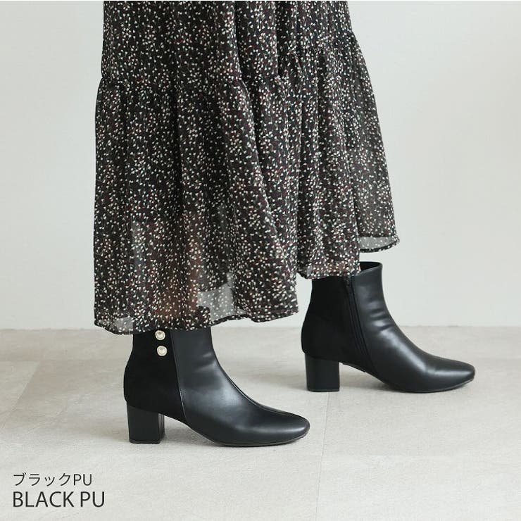 スクエアトゥパール飾りバイカラーショートブーツ[品番