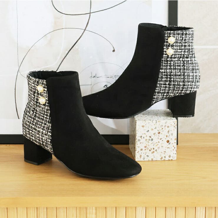 スクエアトゥパール飾りバイカラーショートブーツ[品番：VIVS0009855
