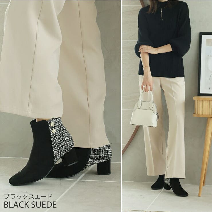 スクエアトゥパール飾りバイカラーショートブーツ[品番：VIVS0009855