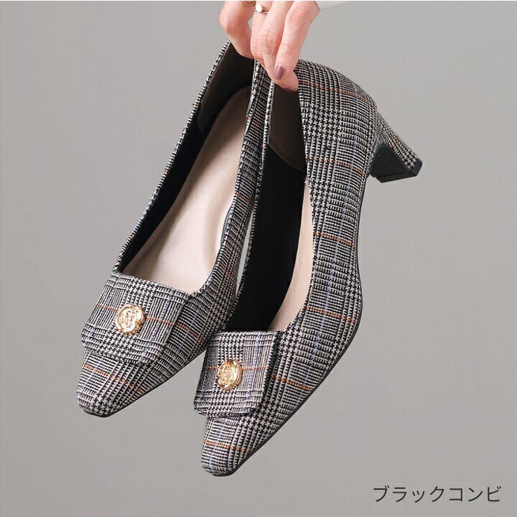 スクエアトゥゴールドパーツプレートヒールパンプス[品番