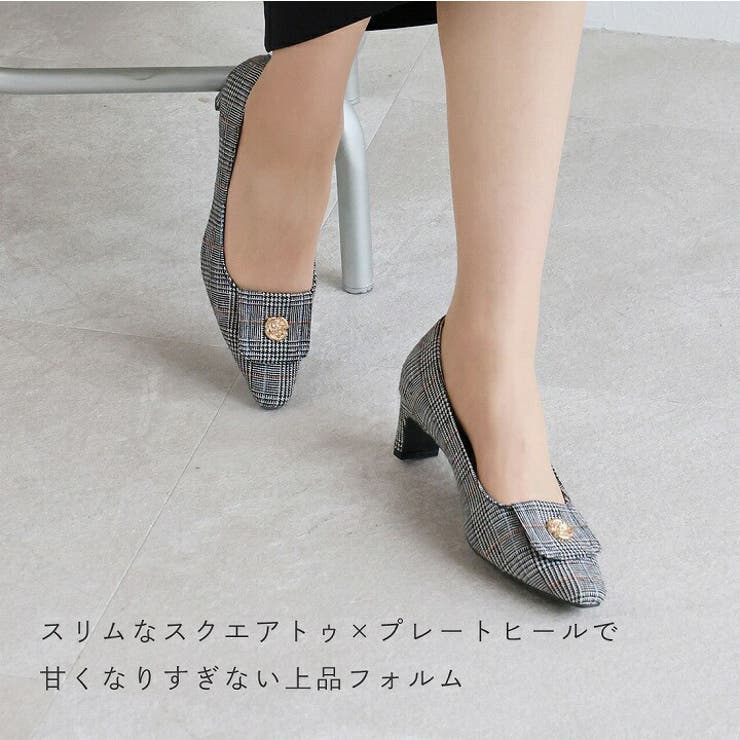 スクエアトゥゴールドパーツプレートヒールパンプス[品番
