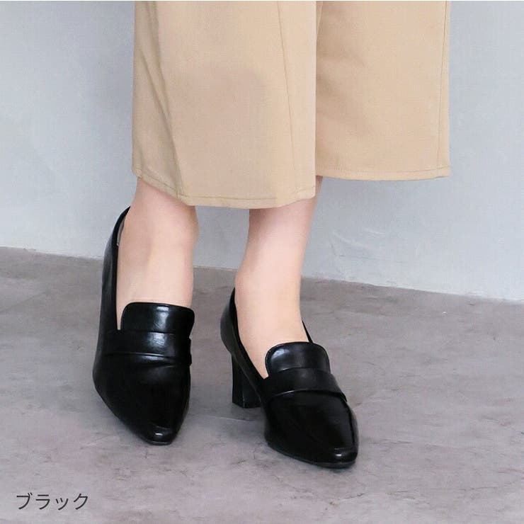 スクエアトゥデザインヒールローファーパンプス[品番