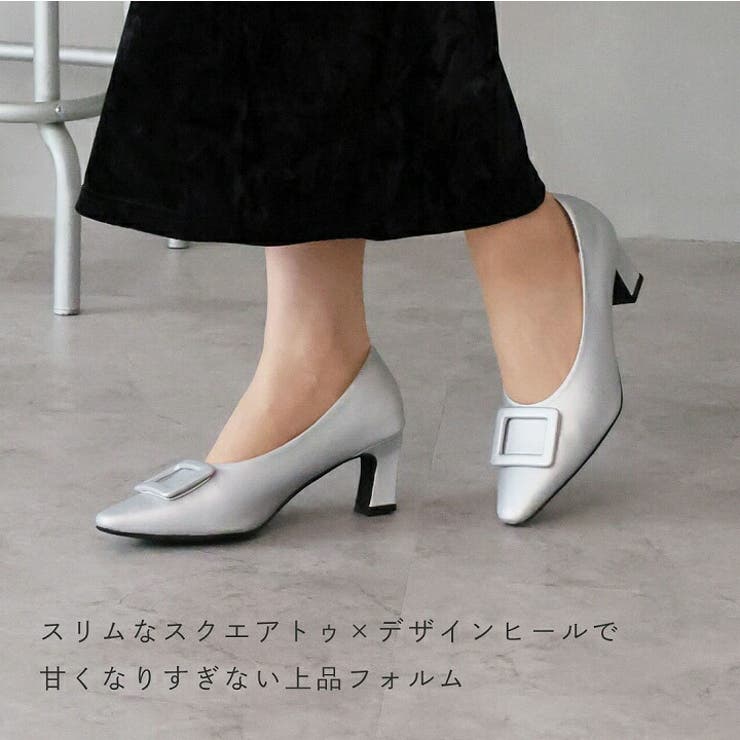 スクエアトゥデザインヒールバックルモチーフパンプス[品番 スクエアトゥデザインヒールバックルモチーフパンプス[品番
