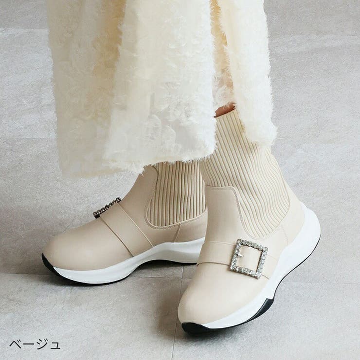 厚底ビジューバックルニットスニーカーブーツ[品番：VIVS0009956