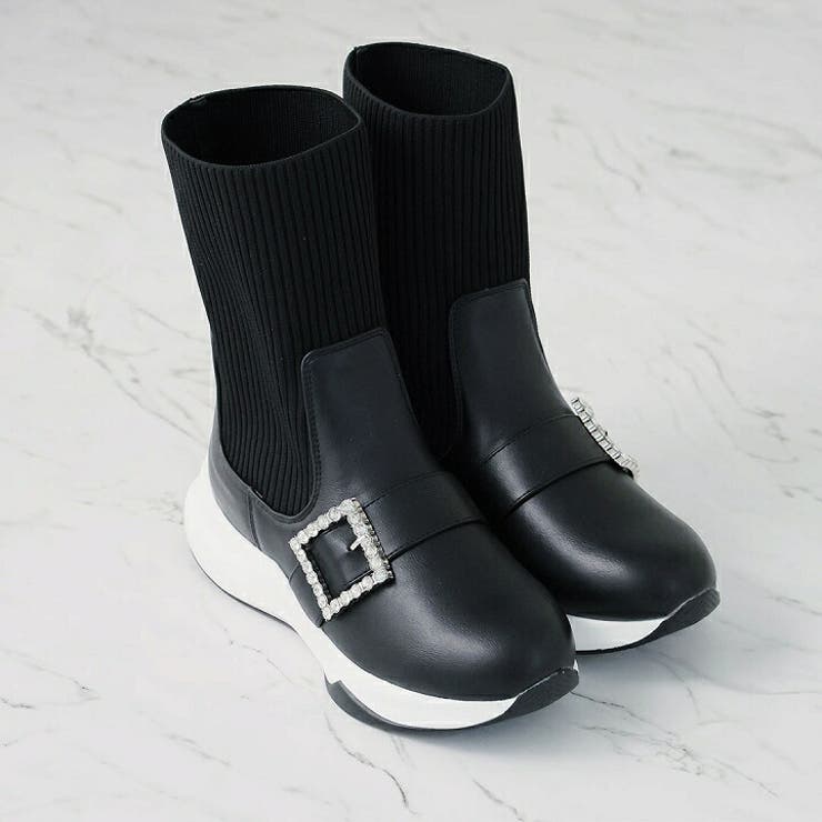 靴 vivi 厚底ビジューバックルニットスニーカーブーツ[品番：VIVS0009956