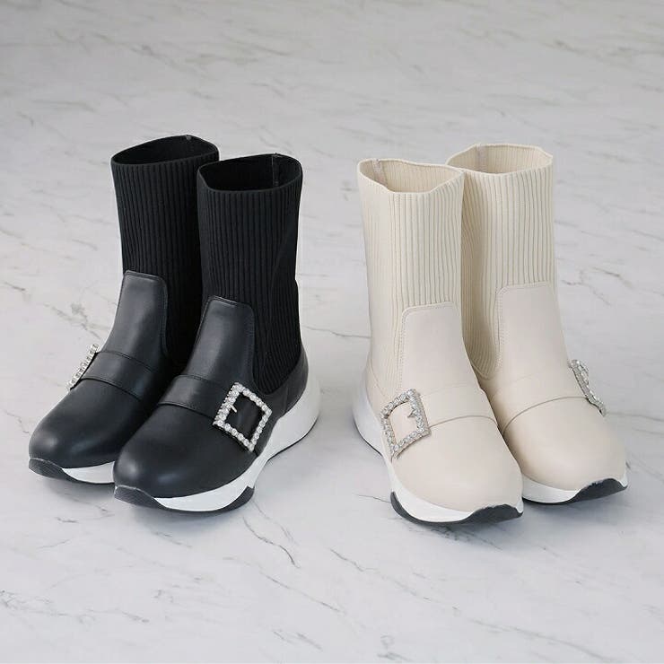 厚底ビジューバックルニットスニーカーブーツ[品番：VIVS0009956