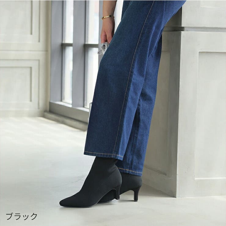 ポインテッドトゥプレートヒールニットショートブーツ[品番