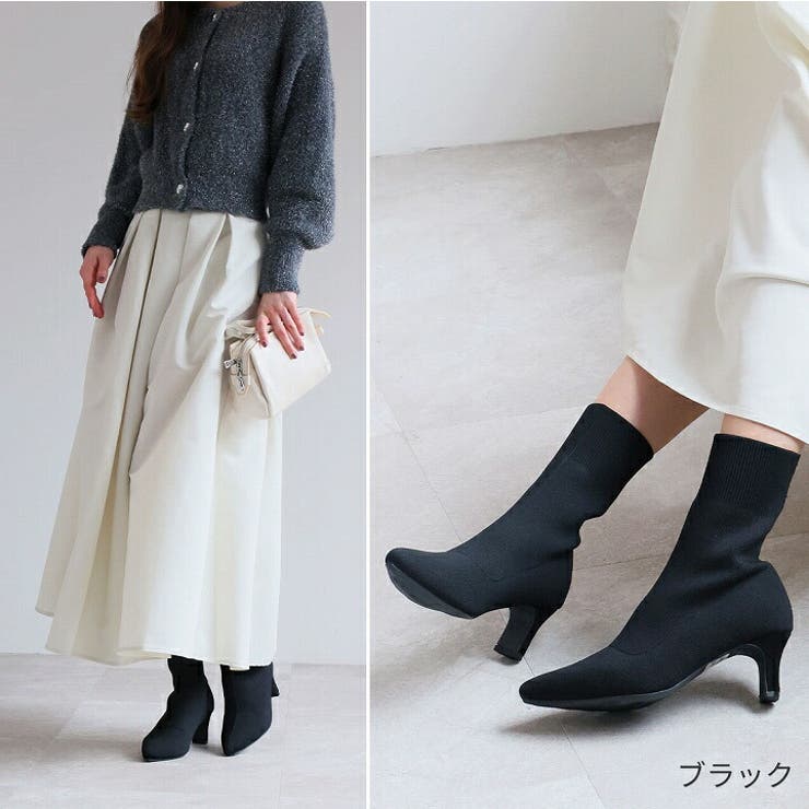 ポインテッドトゥプレートヒールニットショートブーツ[品番