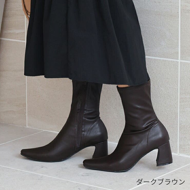 スクエアトゥチャンキーヒールストレッチミドルブーツ[品番
