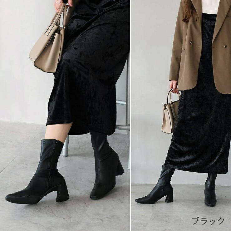 スクエアトゥチャンキーヒールストレッチミドルブーツ[品番