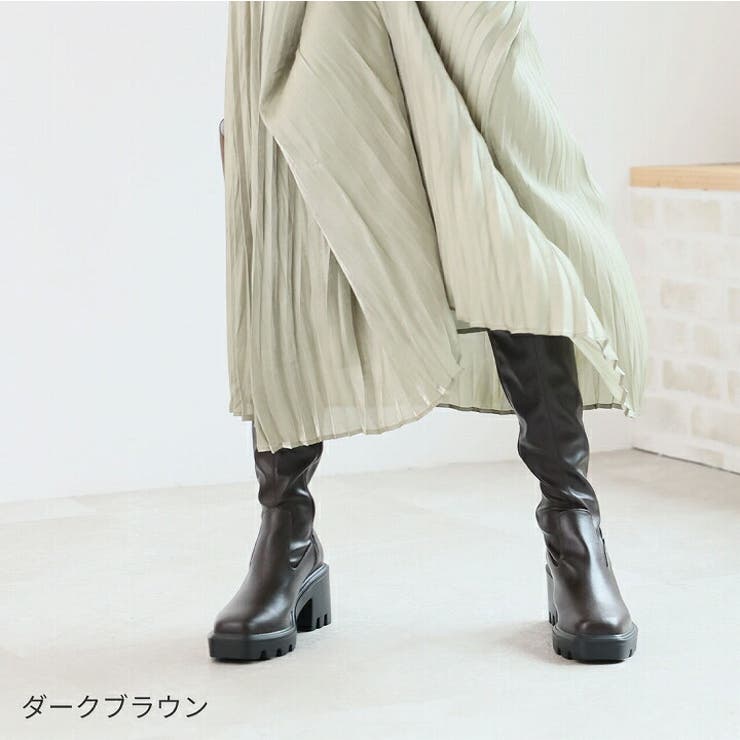 スクエアトゥ厚底ストレッチロングブーツ[品番：VIVS0009840
