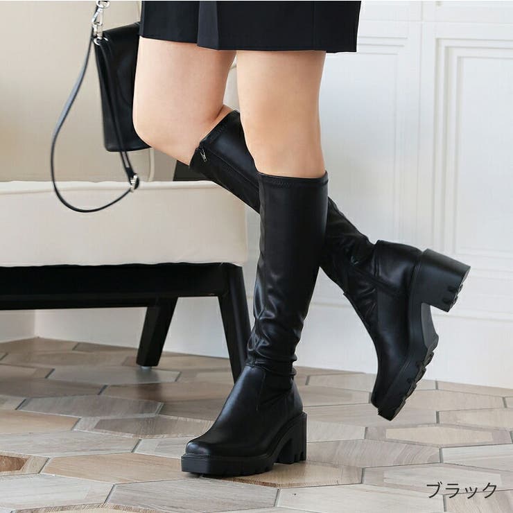 スクエアトゥ厚底ストレッチロングブーツ[品番：VIVS0009840]｜VIVIAN